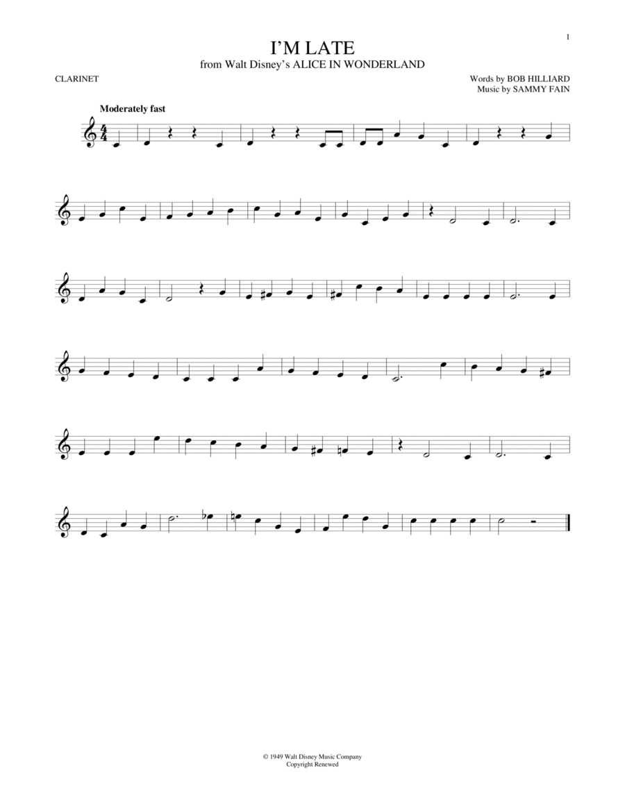 I'm Late (from Alice In Wonderland) Clarinet Solo scores gallery preview page 1
