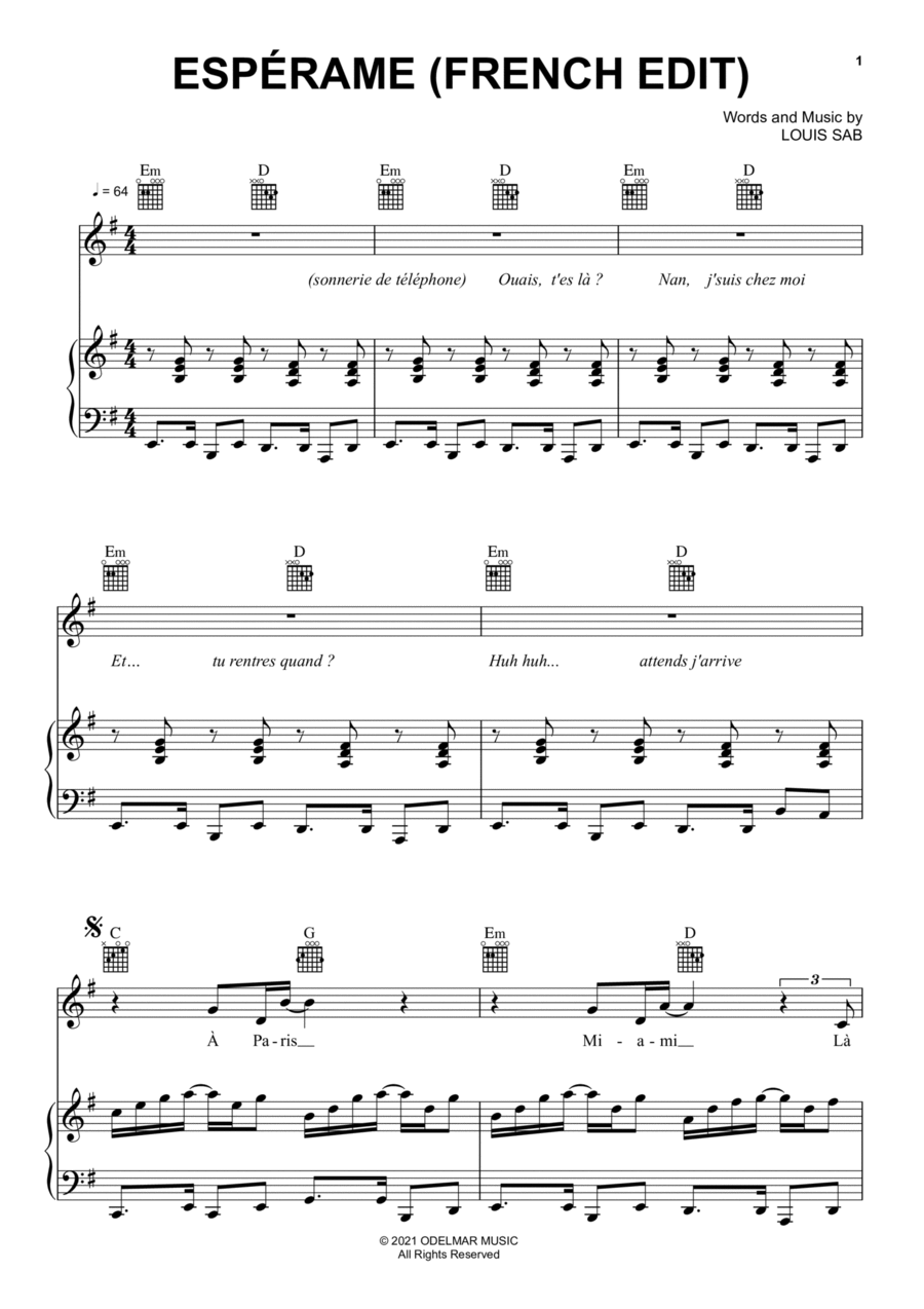 Espérame (French Edit) Piano, Vocal, Guitar scores gallery preview page 1