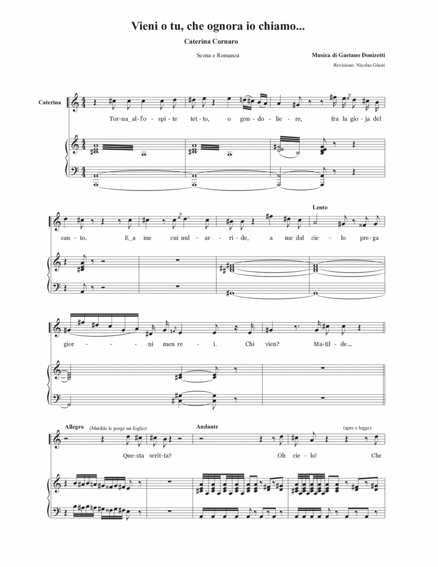Vieni o tu, che ognora io chiamo - Caterina Cornaro Voice scores gallery preview page 1
