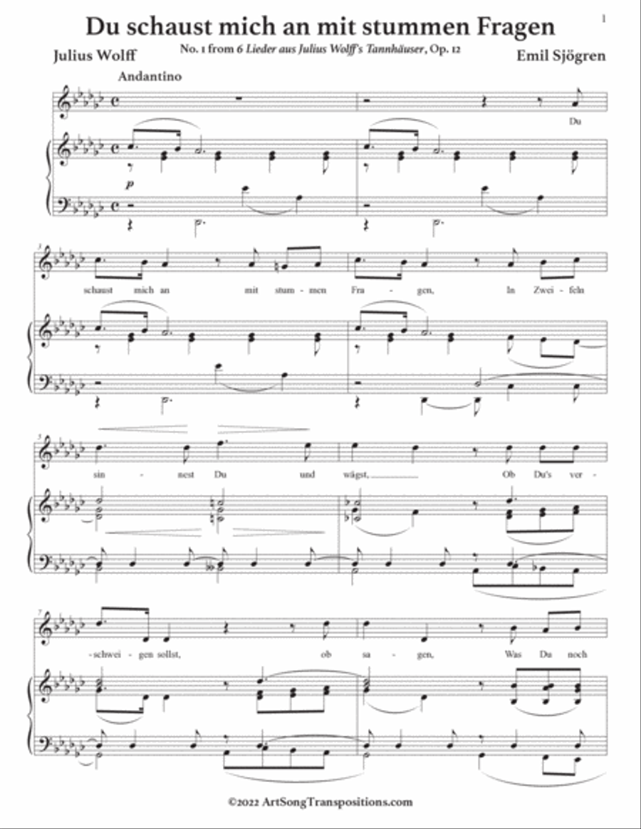 SJÖGREN: Du schaust mich an mit stummen Fragen, Op. 12 no. 1 (transposed to G-flat major) Voice scores gallery preview page 2