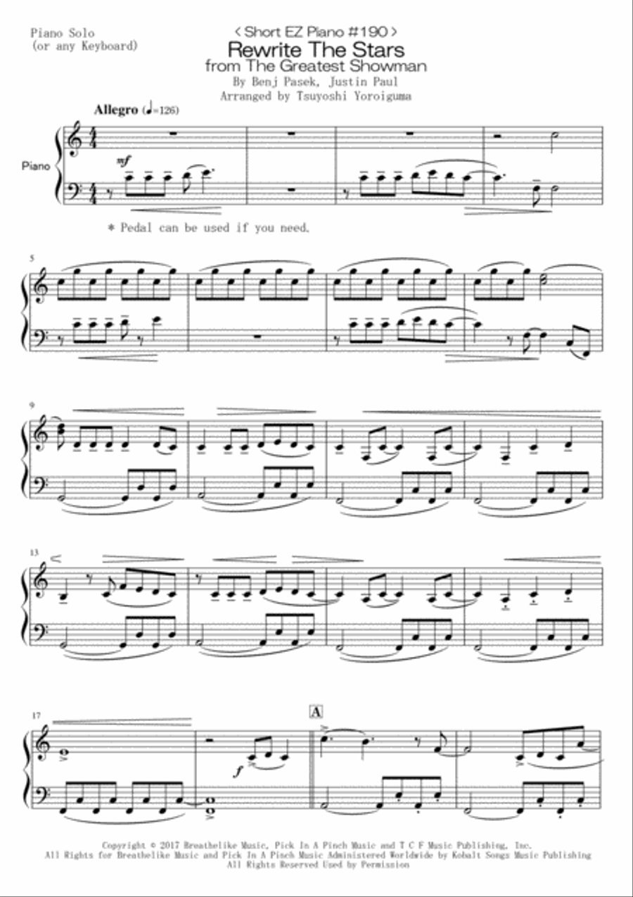 Rewrite The Stars Easy Piano scores gallery preview page 1