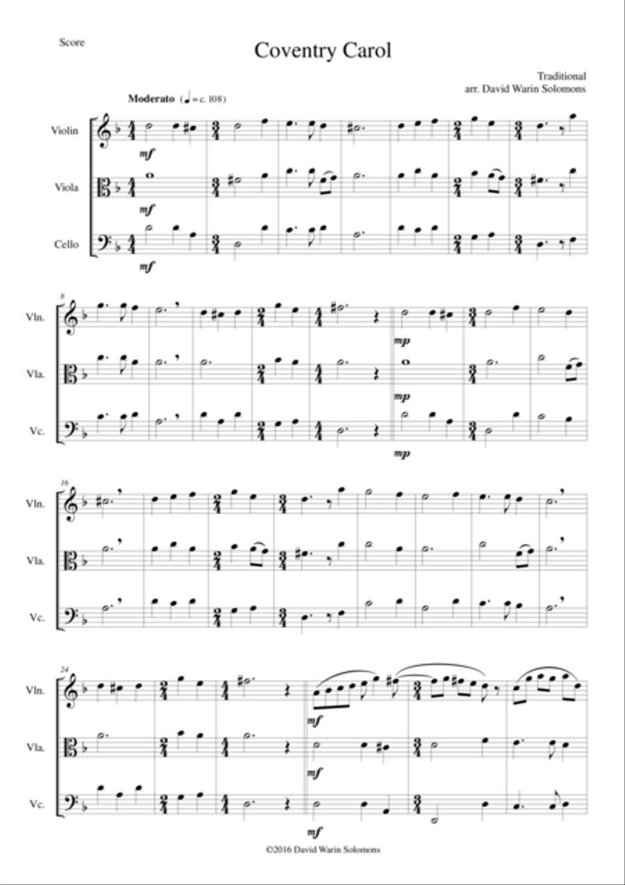 Coventry Carol for string trio (violin, viola, cello) String Trio scores gallery preview page 1