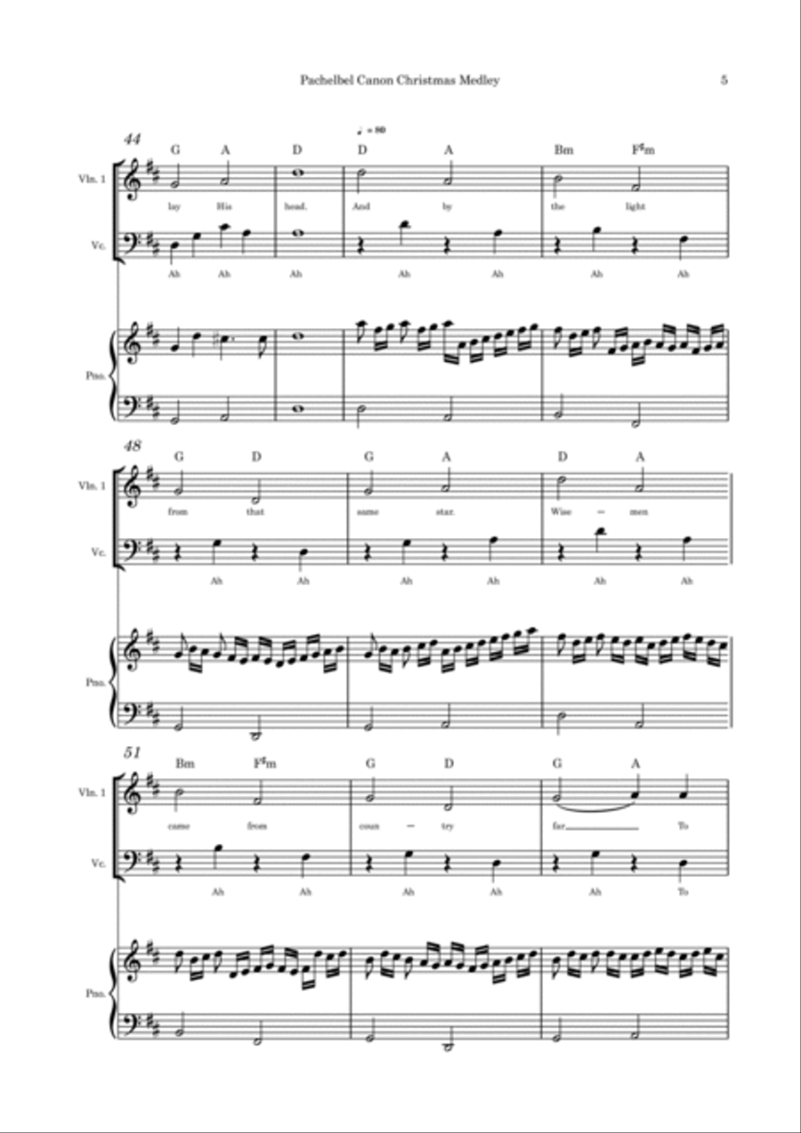 Pachelbel Canon with optional Christmas Medley lyrics violin and cello duet and piano Piano Trio scores gallery preview page 5