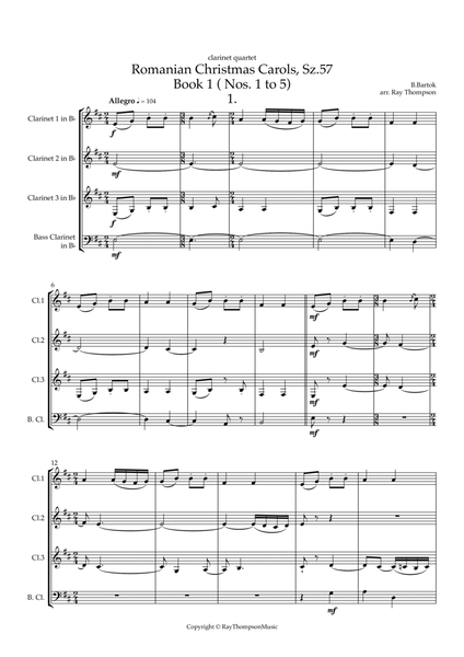 Bartók: Romanian Christmas Carols, Sz.57 Book 1 ( Nos. 1 to 5) - clarinet quartet image number null