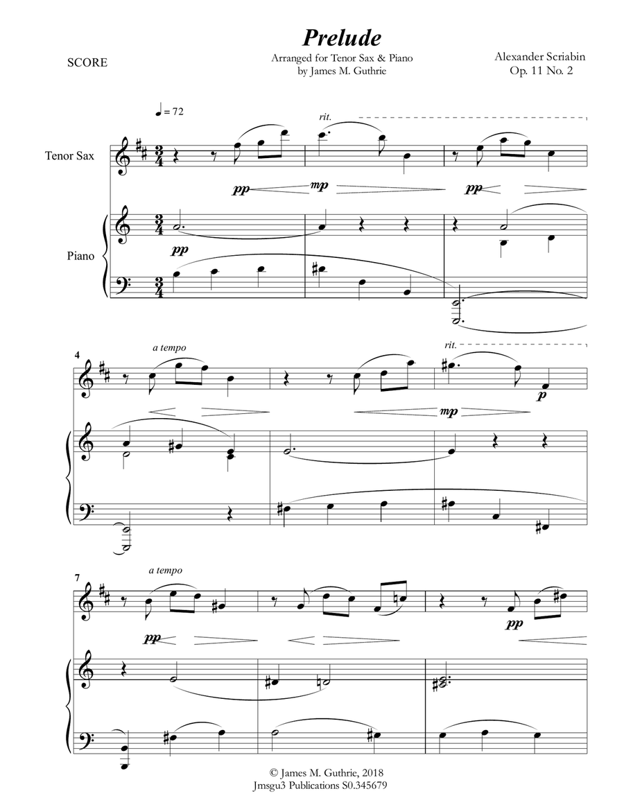 Scriabin: Prelude Op. 11 No. 2 for Tenor Sax & Piano