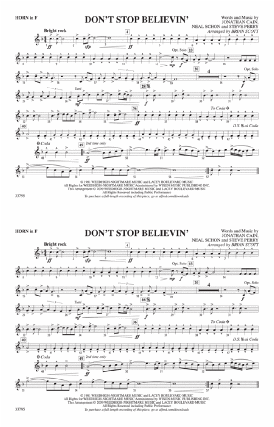 Don't Stop Believin': 1st F Horn Marching Band scores gallery preview page 1