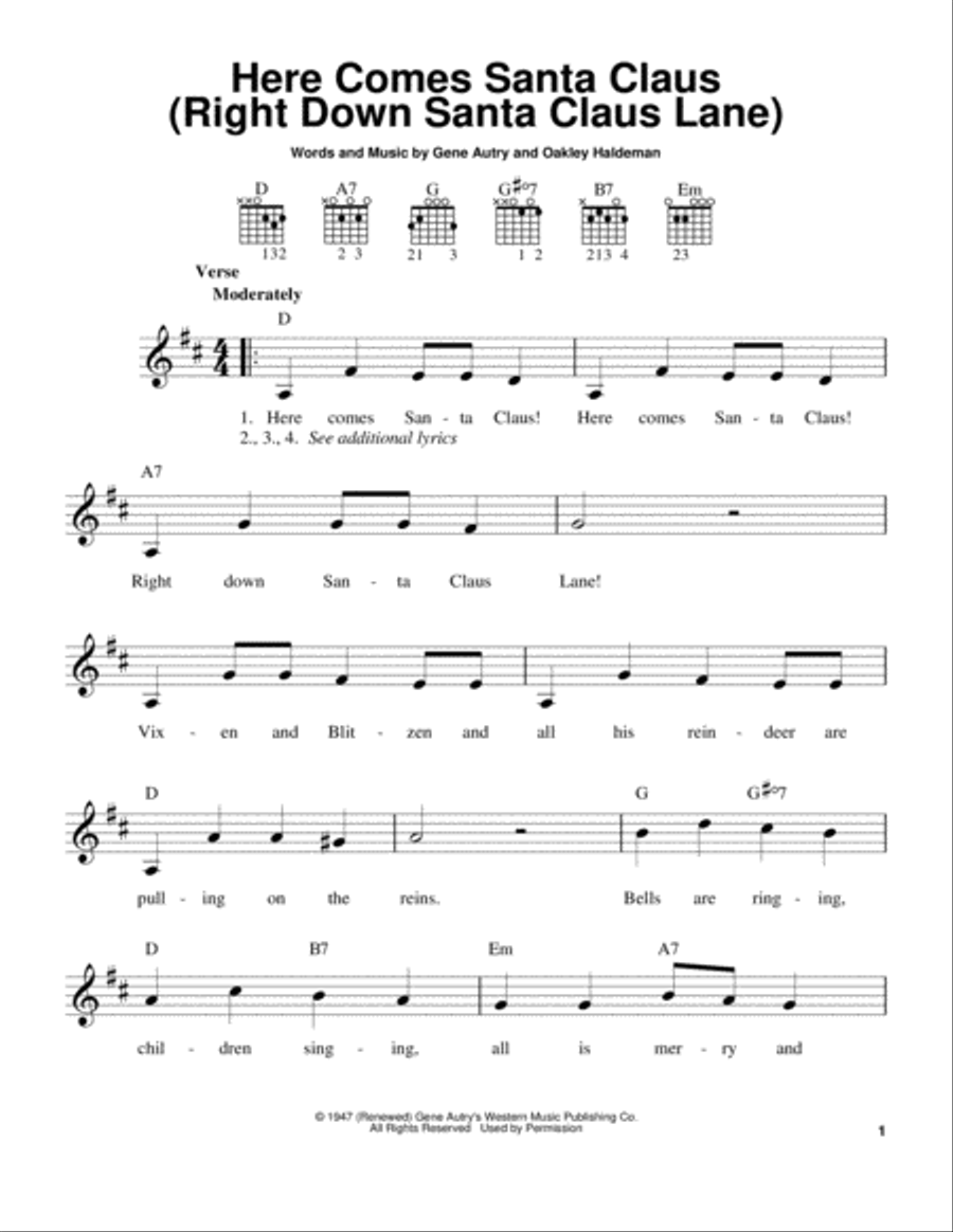 Here Comes Santa Claus (Right Down Santa Claus Lane) Easy Guitar scores gallery preview page 1
