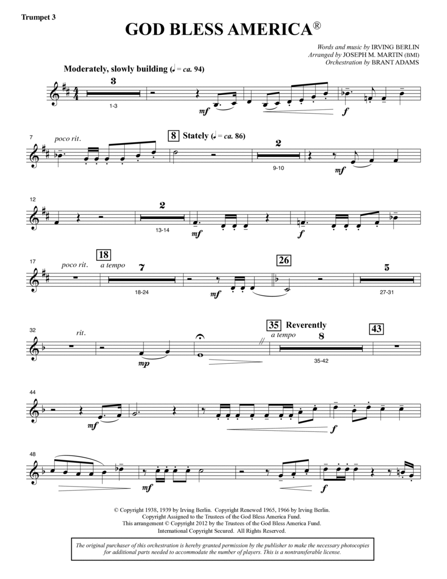 God Bless America - Bb Trumpet 3 Choir scores gallery preview page 1
