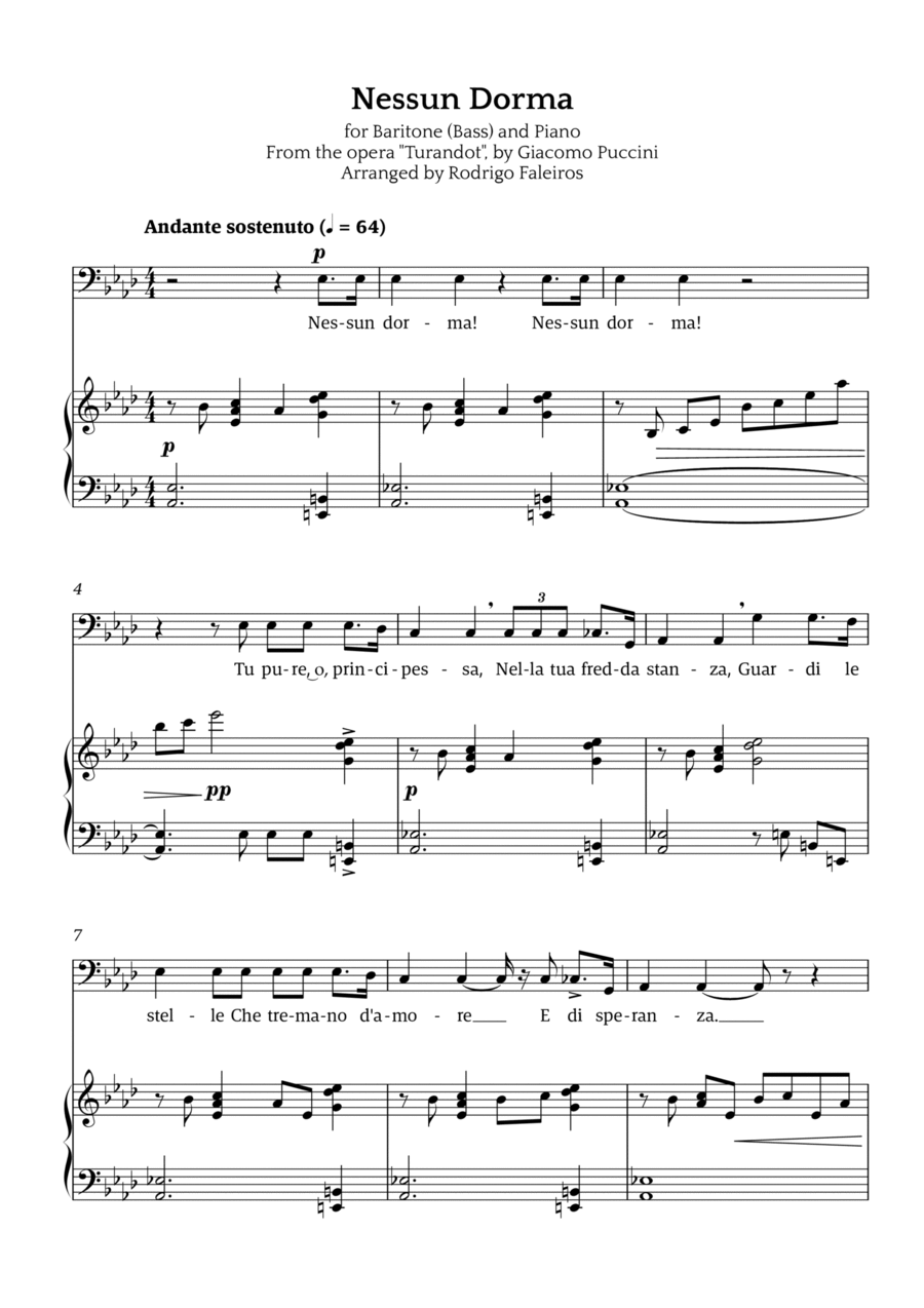 Nessun Dorma (for baritone or bass and piano) Chamber Music scores gallery preview page 1