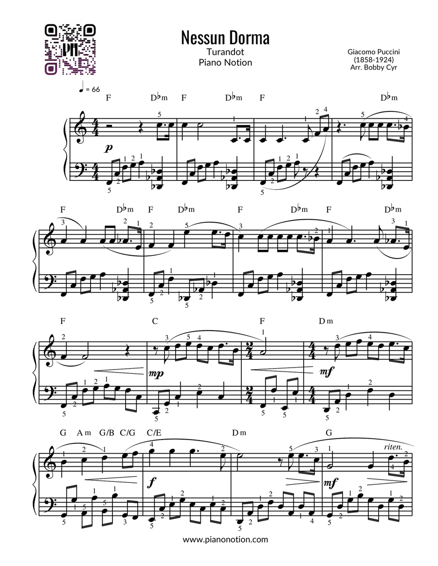 Nessun Dorma - Turandot (Piano Solo) Easy Piano scores gallery preview page 1