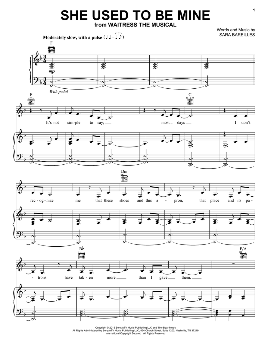 She Used To Be Mine (from Waitress The Musical) Piano, Vocal, Guitar scores gallery preview page 1
