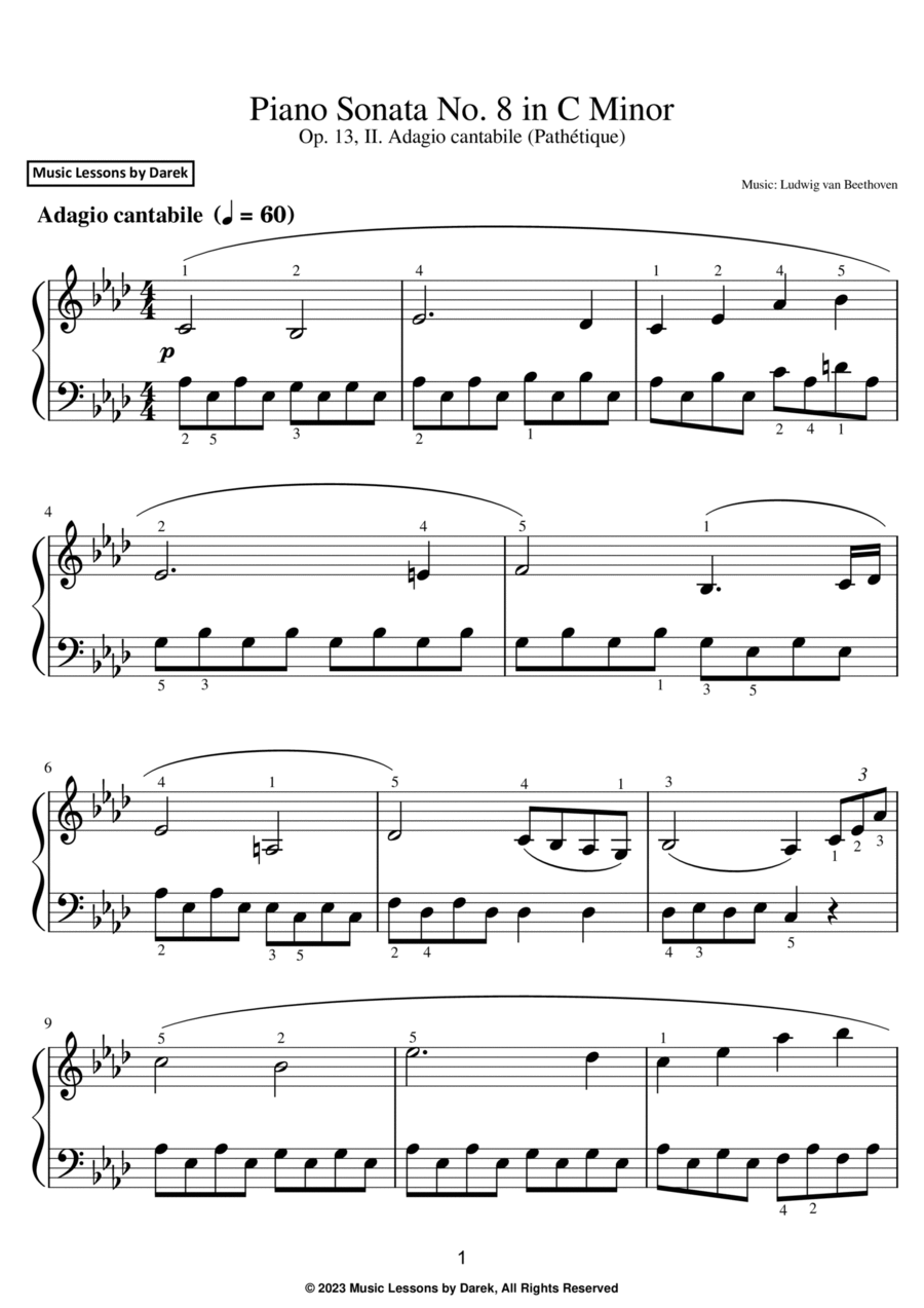 Piano Sonata No. 8 in C Minor (EASY PIANO) Op. 13, II. Adagio cantabile (Pathétique) Easy Piano scores gallery preview page 1