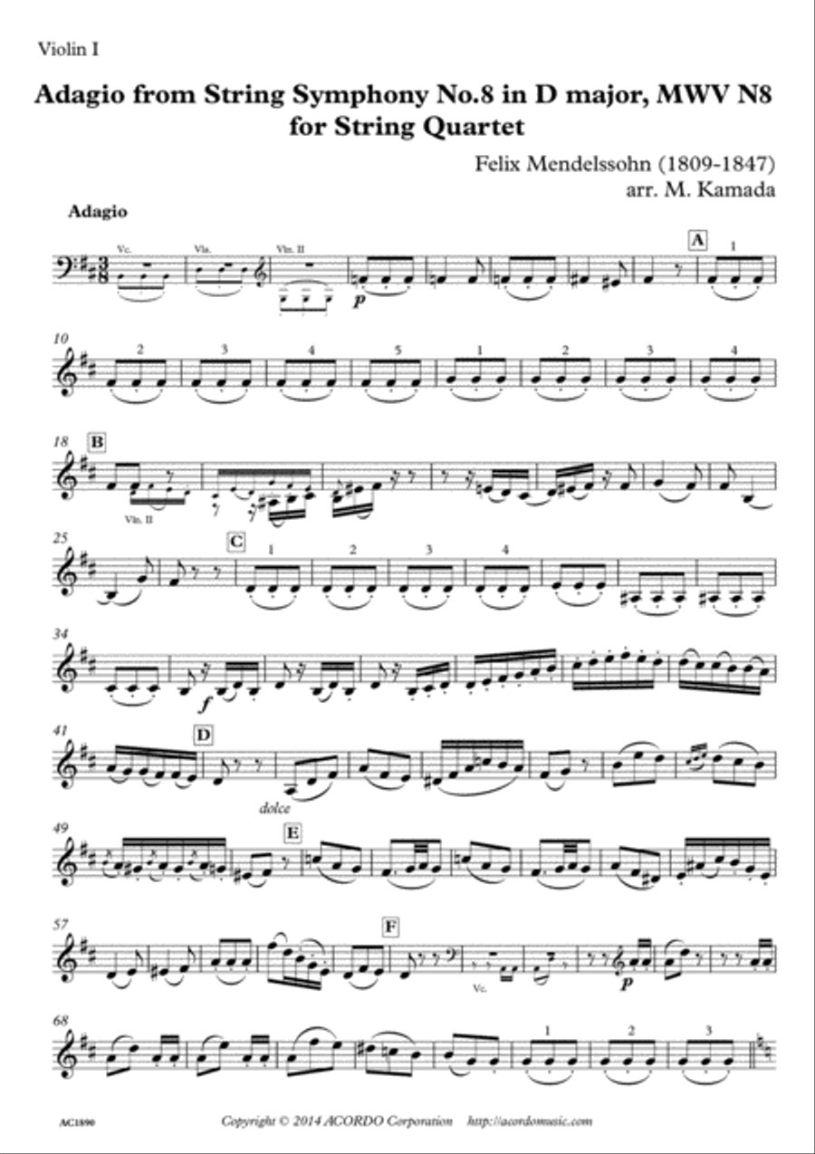 Adagio from String Symphony No.8 in D major, MWV N8 for String Quartet String Quartet scores gallery preview page 5