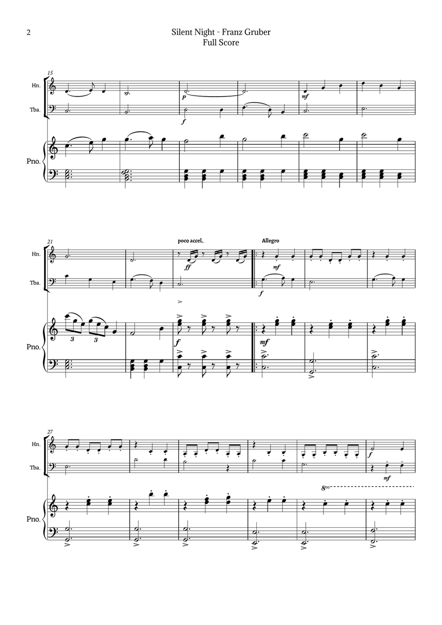Silent Night for Horn and Tuba Duet with Piano Brass Duet scores gallery preview page 2