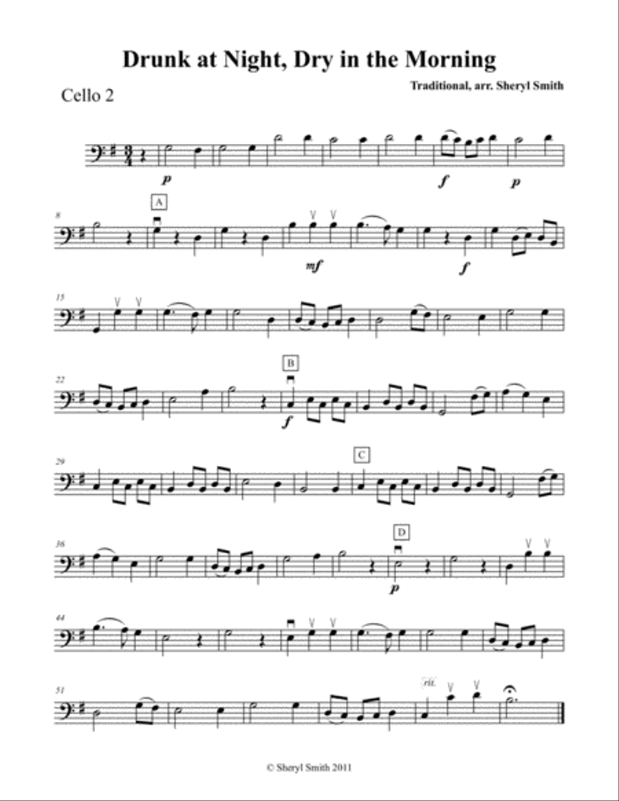 Drunk at Night, Dry in the Morning for beginner cello quartet (four cellos) Cello scores gallery preview page 5