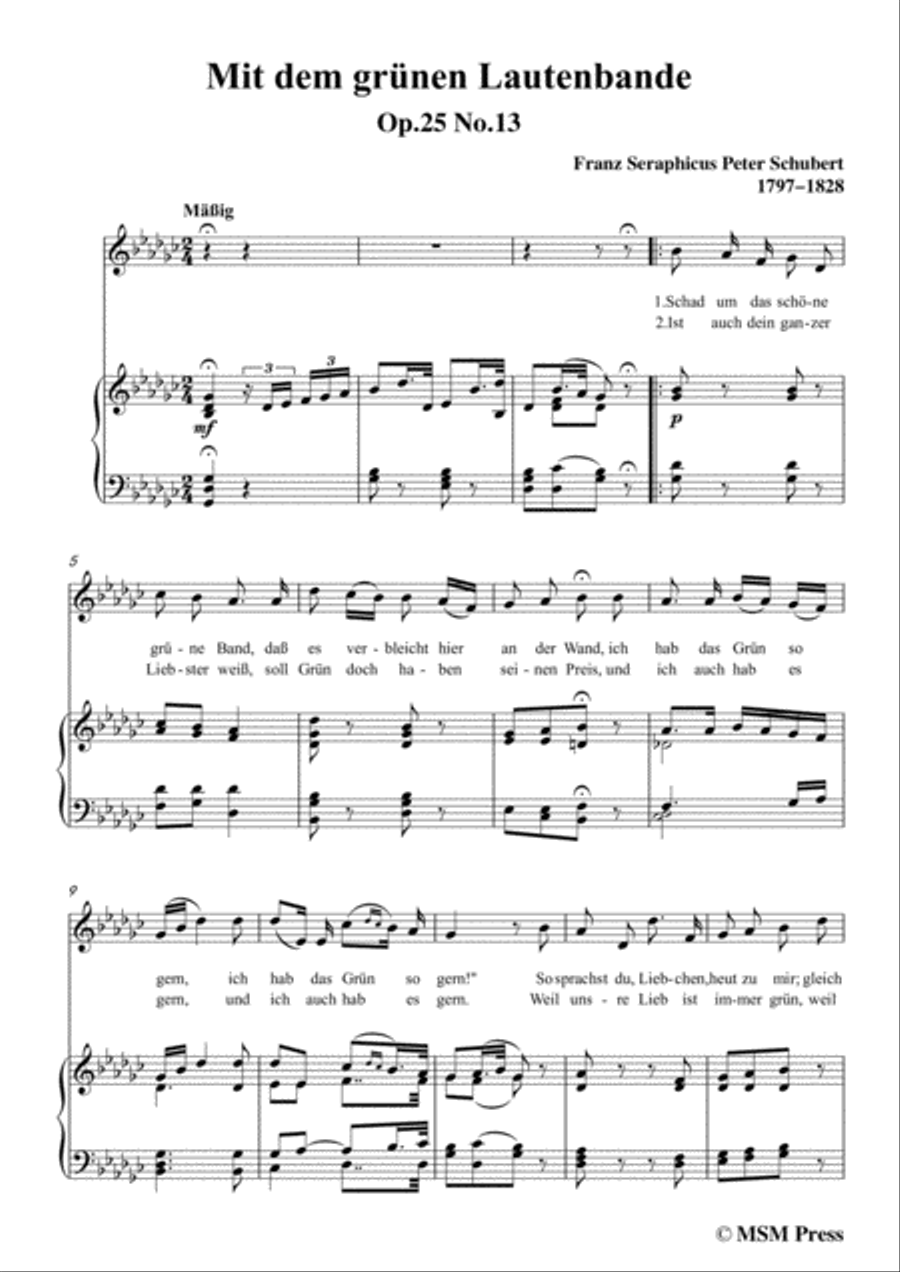 Schubert-Mit dem grünen Lautenbande,Op.25 No.13,in G flat Major,for Voice&Piano Voice scores gallery preview page 3