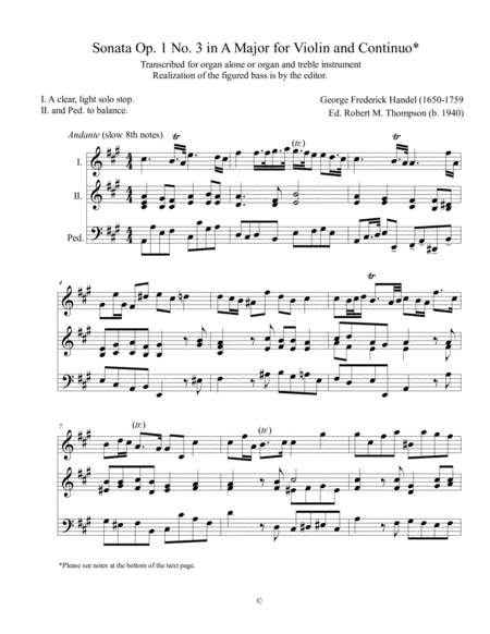 Handel Op. 1, No. 3, Sonata in A Major for Organ