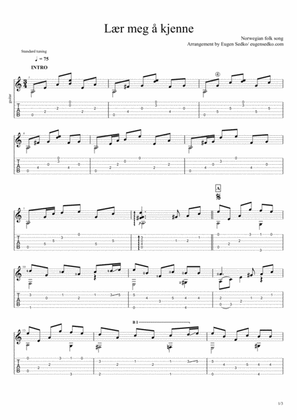 Lær meg å kjenne (Norwegian folk song), arrangement for solo guitar notes+tab