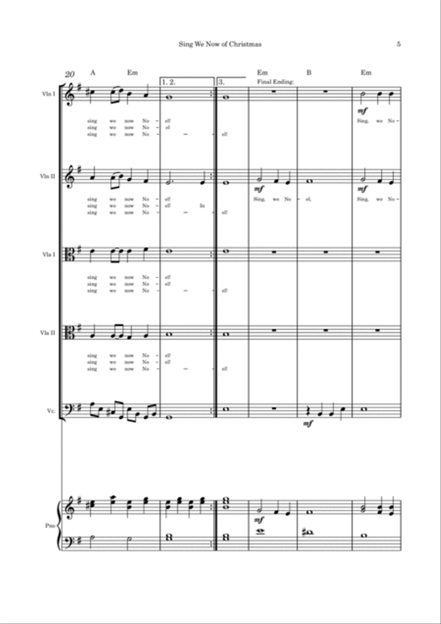 Sing We Now of Christmas - Strings quintet and piano with parts Violin scores gallery preview page 5