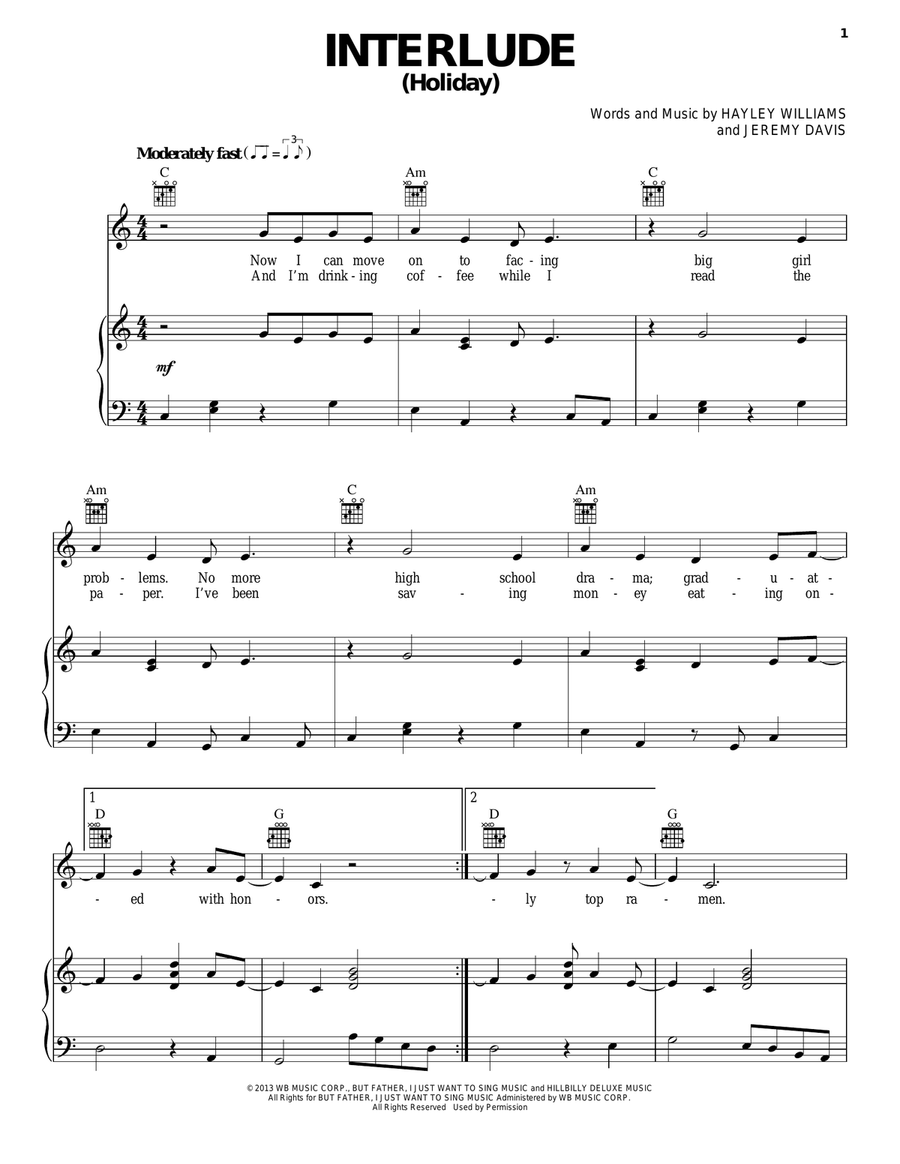 Interlude (Holiday) Piano, Vocal, Guitar scores gallery preview page 1