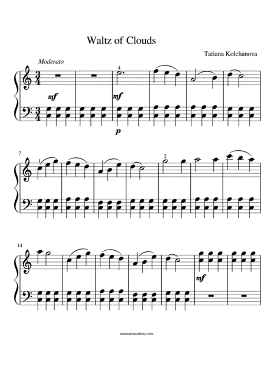 'Waltz of Clouds', composer Tatiana Kolchanova Easy Piano scores gallery preview page 1