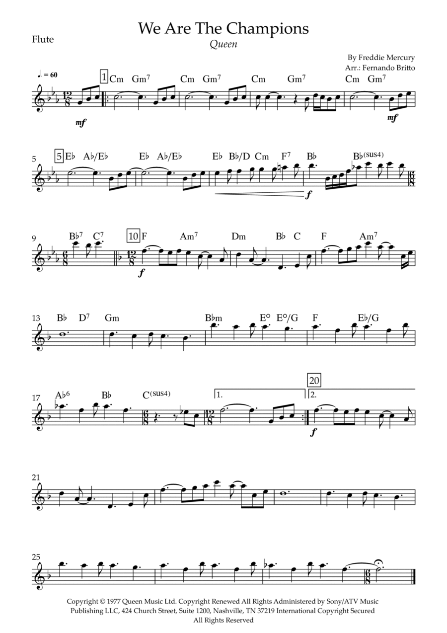 We Are The Champions Flute Solo scores gallery preview page 1