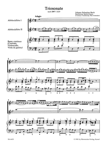 Triosonate for two Recorders and Basso continuo B flat major (original G major) BWV 1039