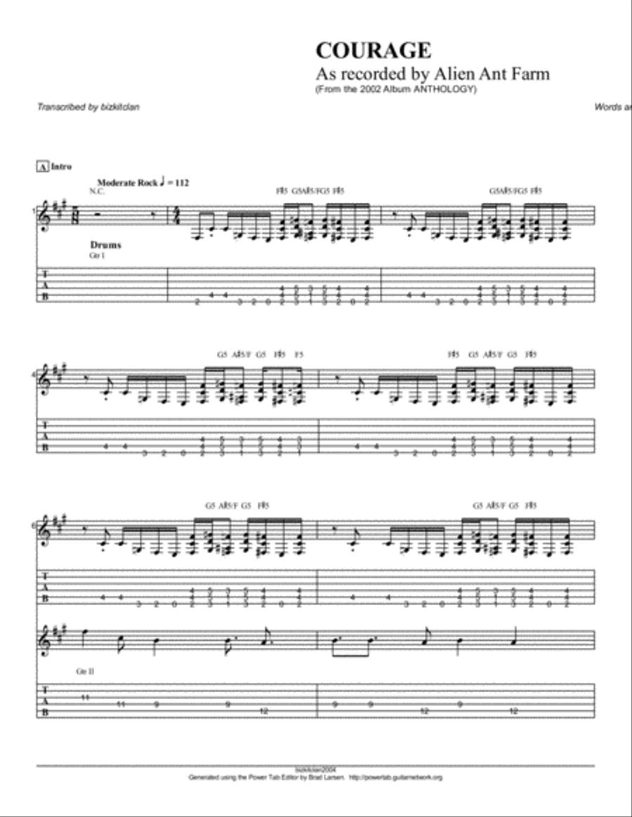 alien ant courage alien ant courage Guitar Solo scores gallery preview page 1