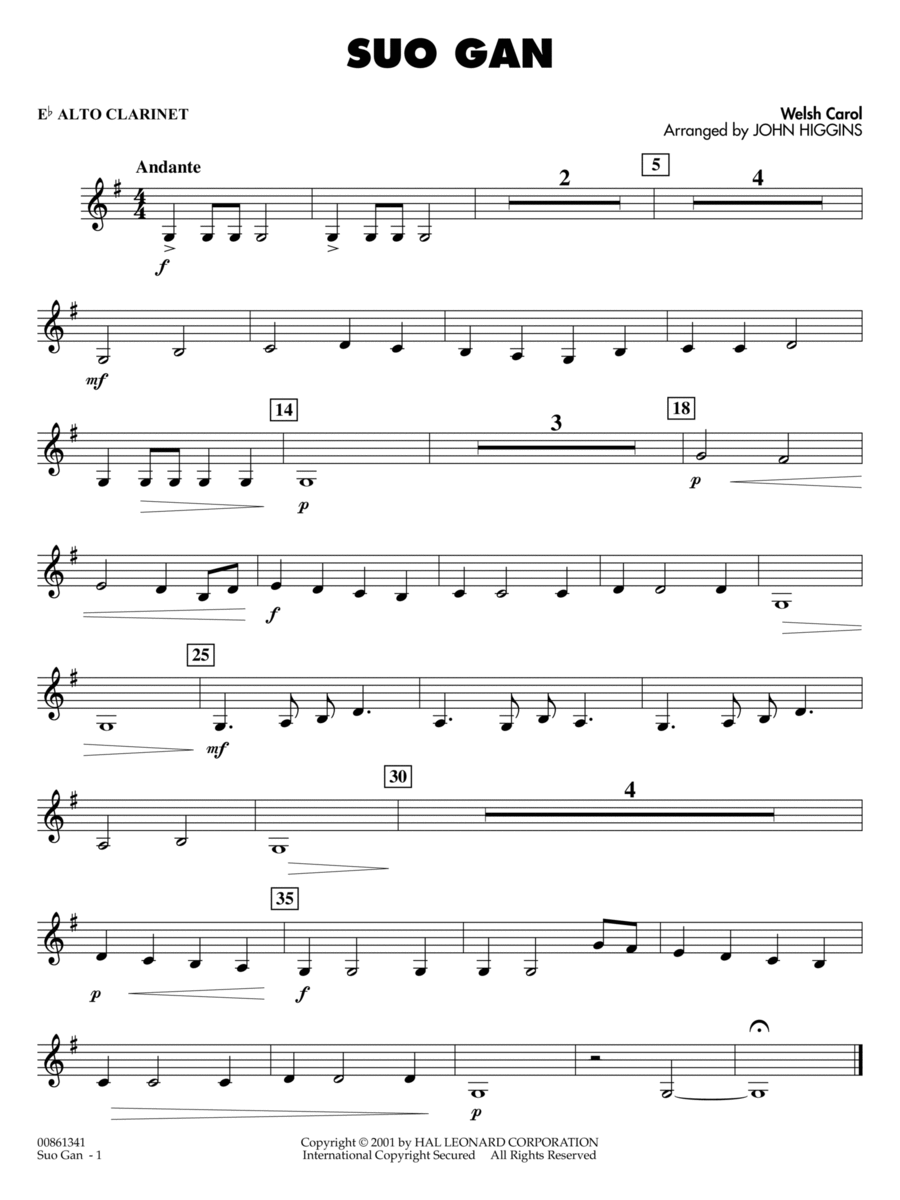 Suo Gân (arr. John Higgins) - Eb Alto Clarinet Concert Band scores gallery preview page 1