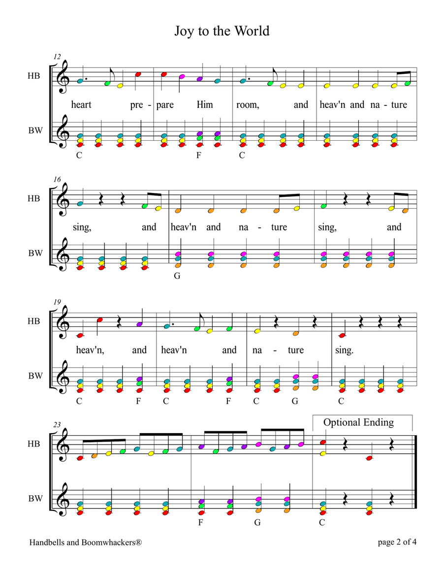 Joy to the World for 8-note Bells and Boomwhackers (with Color Coded Notes)