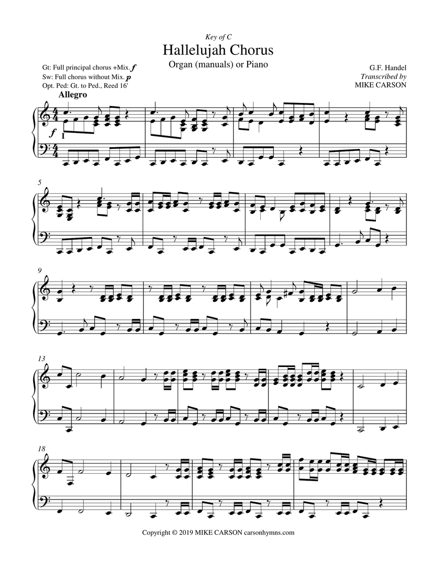 Hallelujah Chorus (Handel) Key of C for Organ or Piano Choir scores gallery preview page 2