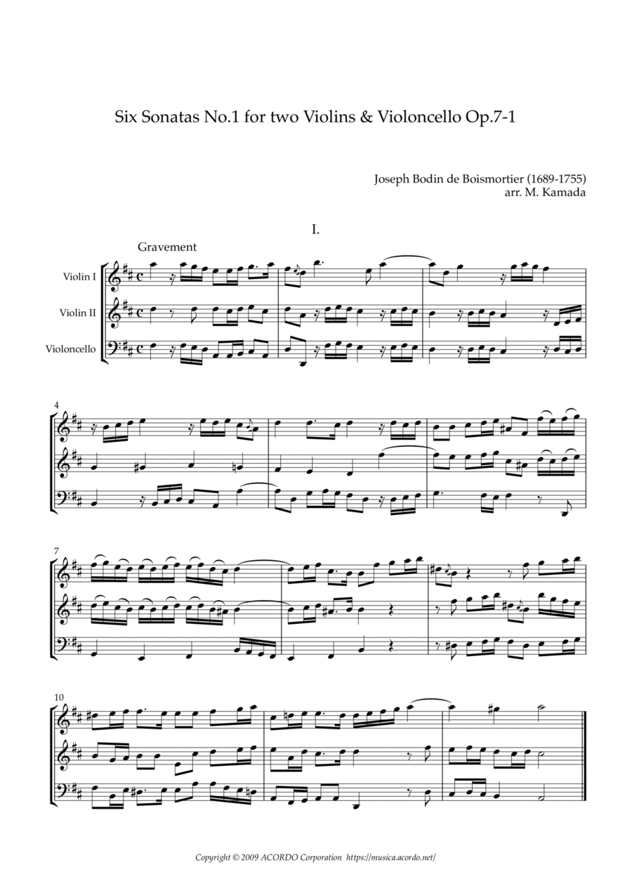 Six Sonatas No.1 for two Violins & Violoncello Op.7-1 String Trio scores gallery preview page 1