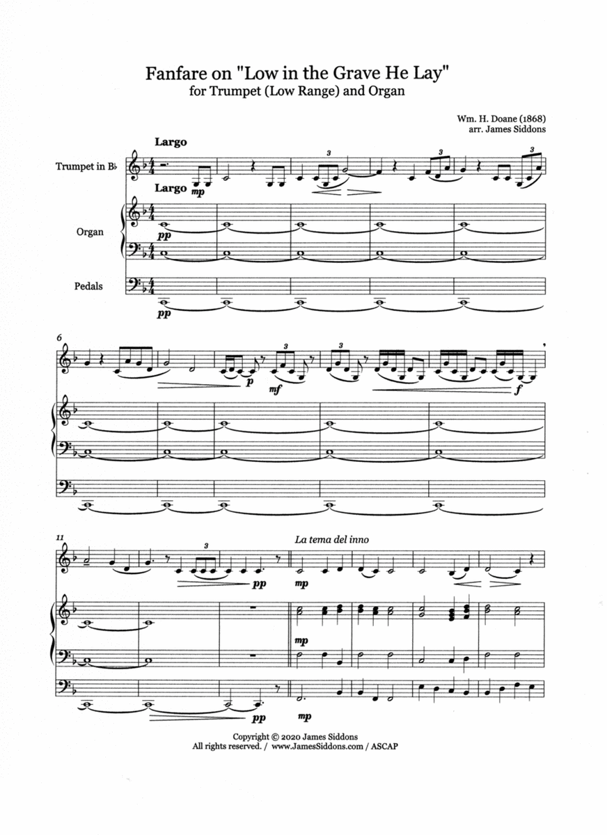 Fanfare on "Low in the Grave He Lay" for Bb Trumpet (Low Range) and Organ - Full Score and Tpt Part image number null