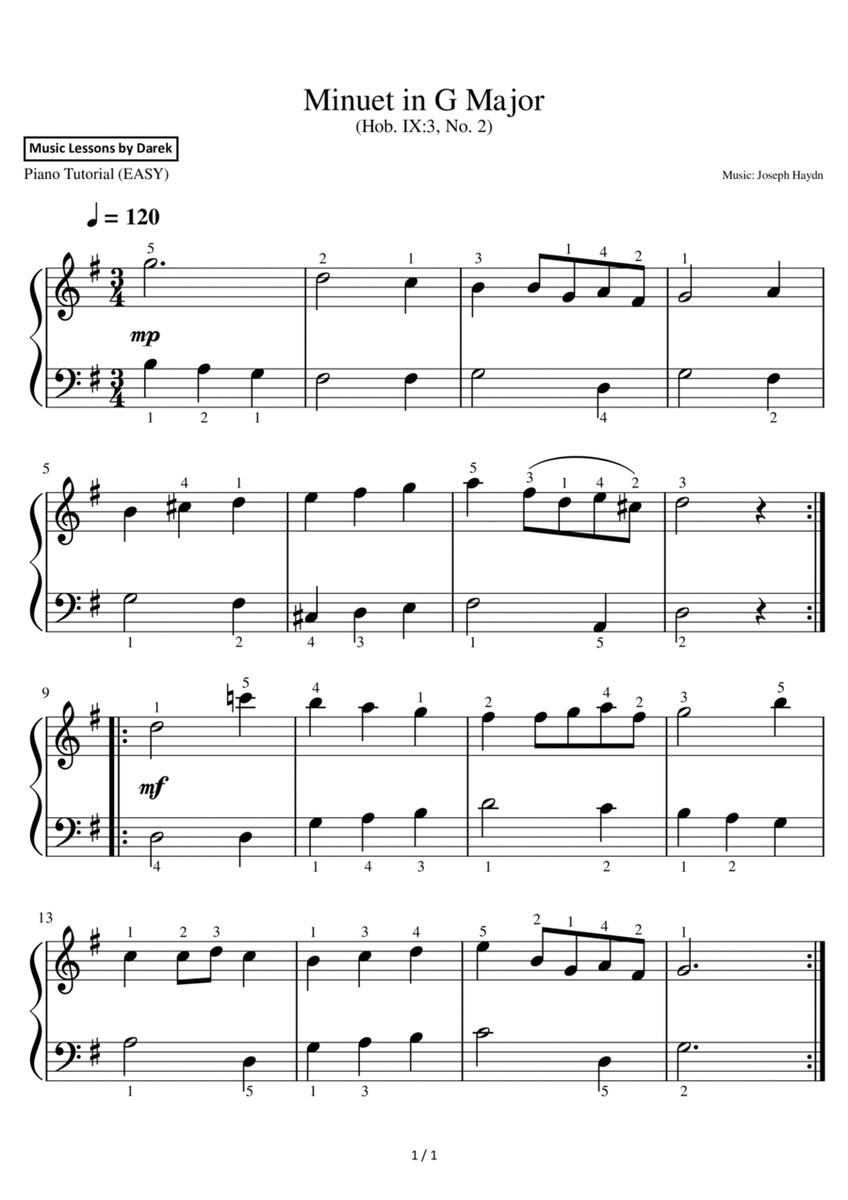 Minuet in G Major (EASY PIANO) (Hob. IX:3, No. 2) [Joseph Haydn] image number null