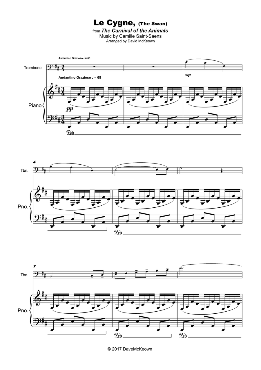 The Swan, (Le Cygne), by Saint-Saens, for Trombone and Piano Piano scores gallery preview page 3