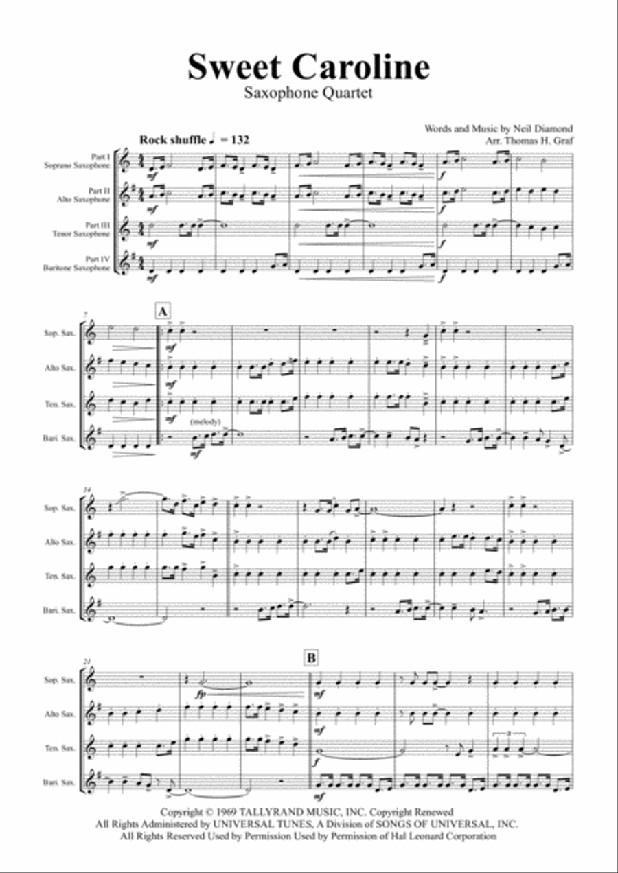 Sweet Caroline Saxophone Quartet scores gallery preview page 1
