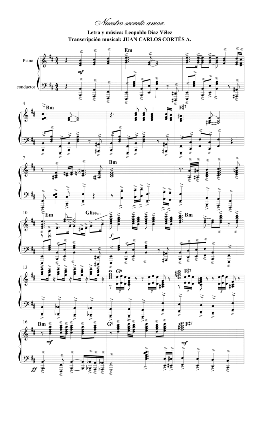 Nuestro secreto amor. Letra y música por: Leopoldo Díaz Vélez. Piano Method scores gallery preview page 1