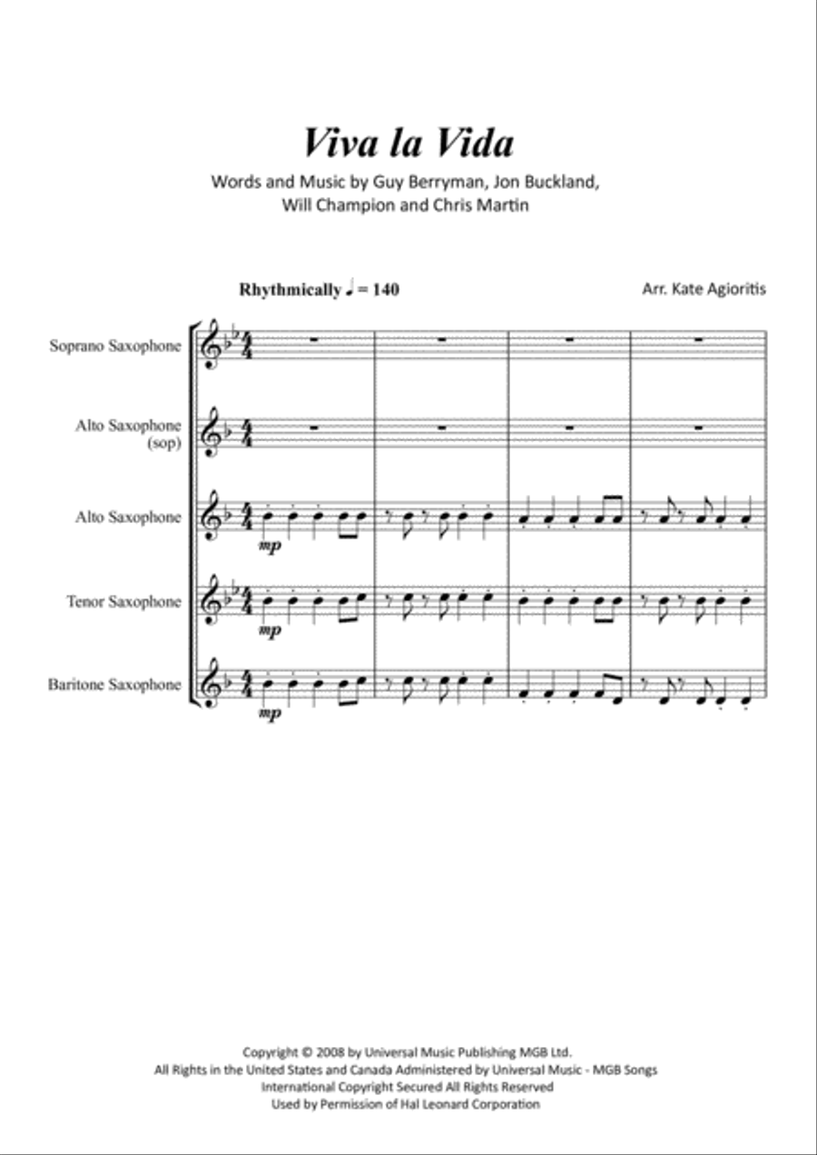 Viva La Vida Saxophone Quartet scores gallery preview page 2