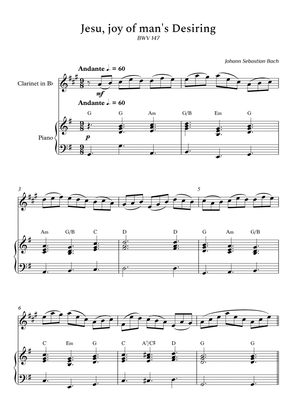 Jesu, joy of man's Desiring for Clarinet and Piano (With Chords) - Score and Parts