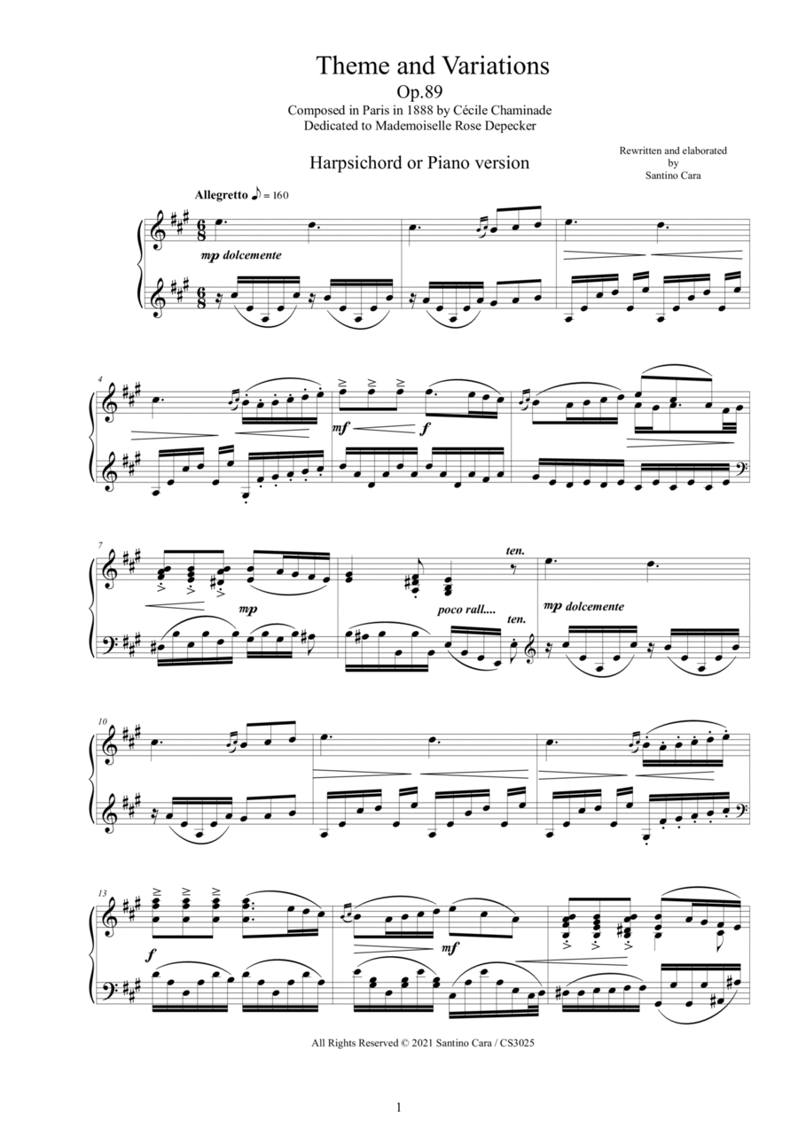 Chaminade - Thème varié - Op.89 - Harpischord or Piano version Harpsichord scores gallery preview page 1