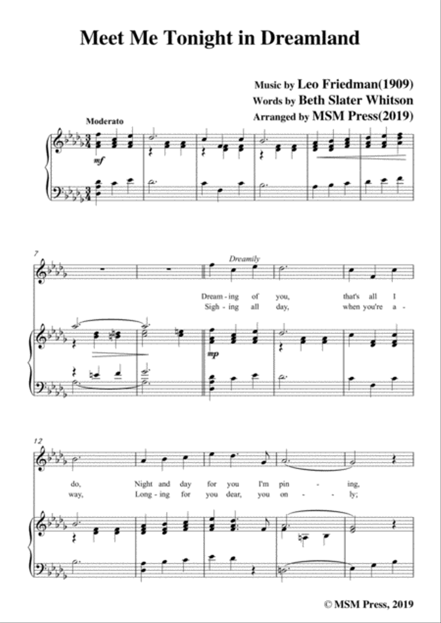 Leo Friedman-Meet Me Tonight in Dreamland,in D flat Major,for Voic&Piano Voice scores gallery preview page 3