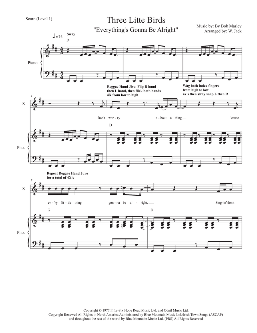 Three Little Birds Unison Choir scores gallery preview page 1