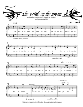Book cover for The Witch on the Broom (a Halloween variation of Wheels on the Bus for Easy Piano)