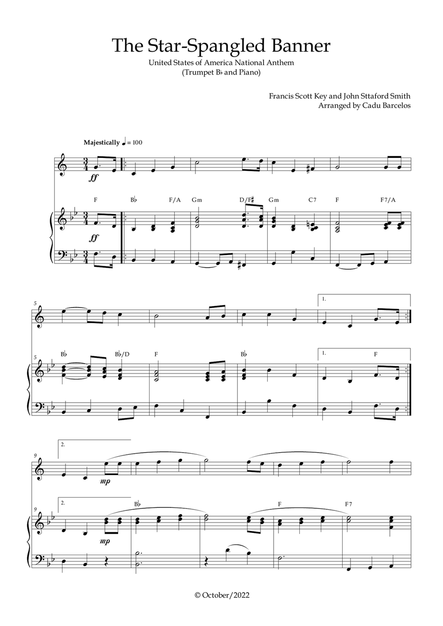 The Star-Spangled Banner - EUA Hymn (Trumpet Bb and Piano) Chords B-Flat Trumpet scores gallery preview page 1