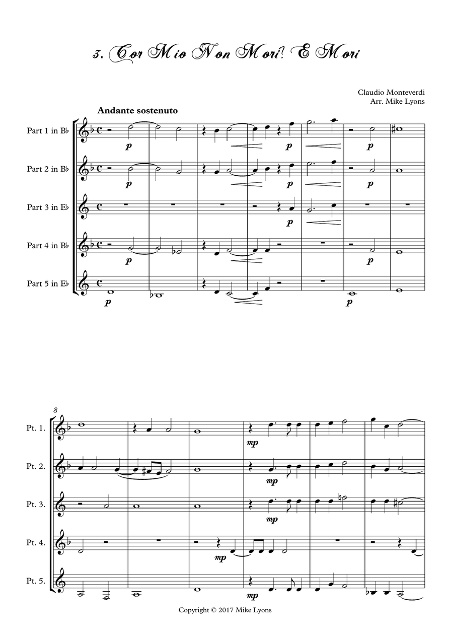 Monteverdi - The Fourth Book of Madrigals - 03. Cor mio non mori? E mori Brass Ensemble scores gallery preview page 3