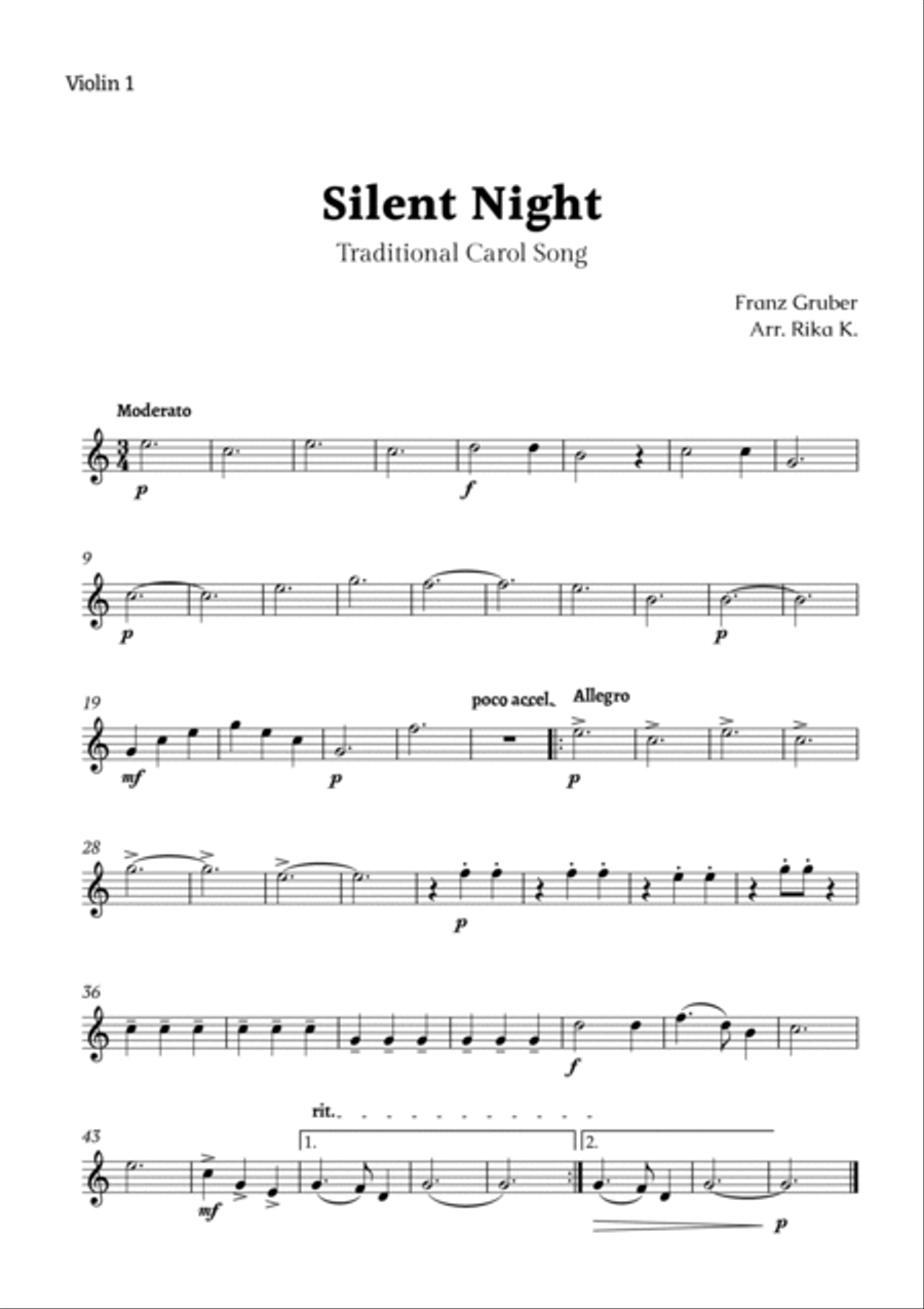 Silent Night for Violin Quartet String Quartet scores gallery preview page 3