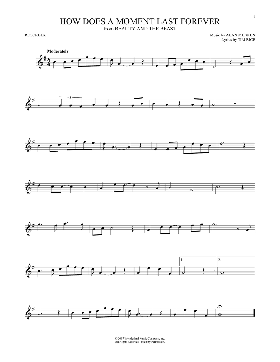 How Does A Moment Last Forever (from Beauty and the Beast) Recorder scores gallery preview page 1