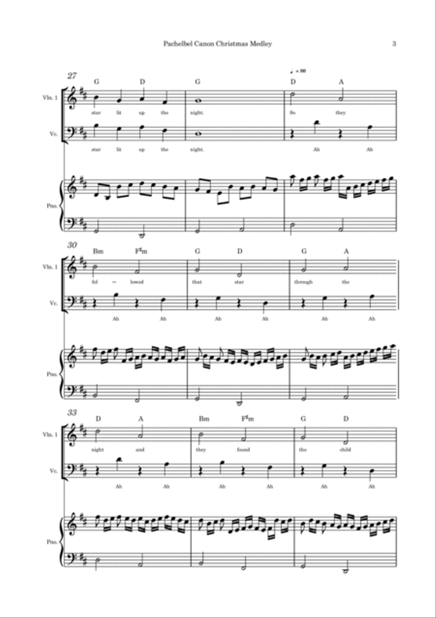 Pachelbel Canon with optional Christmas Medley lyrics violin and cello duet and piano Piano Trio scores gallery preview page 3