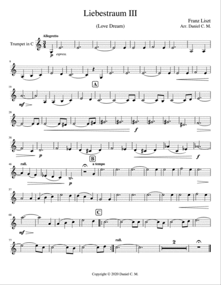 Liebestraum for C trumpet and piano (easy) C Trumpet scores gallery preview page 1