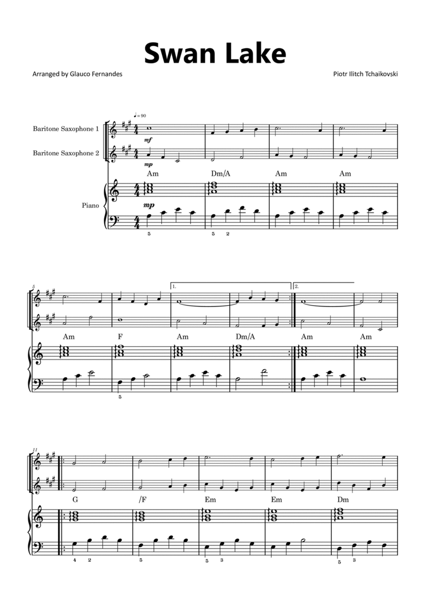 Swan Lake - Baritone Saxophone Duet with Piano and Chord Notations image number null